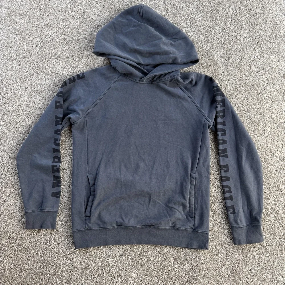 American Eagle Hoodie Mens XS Gray Fleece Pullover AE USA Globe Sweatshirt